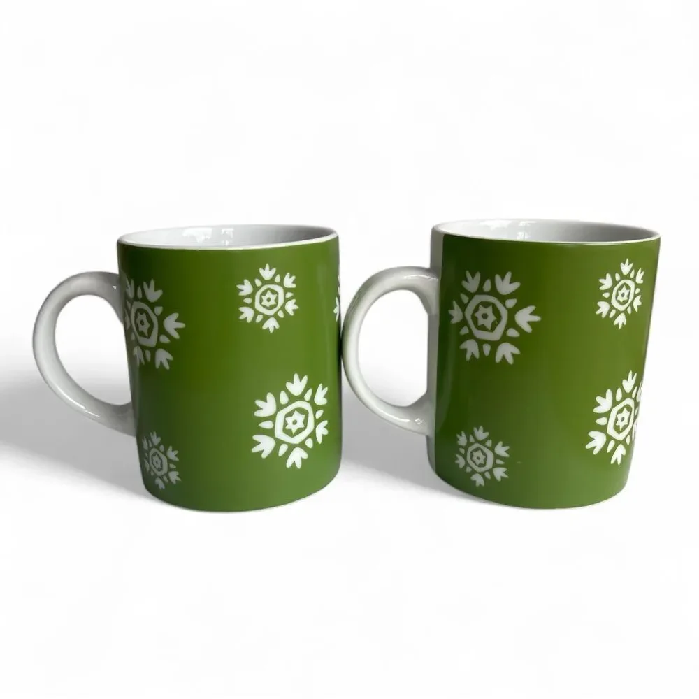 Crate&Barrel Green Snowman Snowflake Hot Cocoa Coffee Mug Set